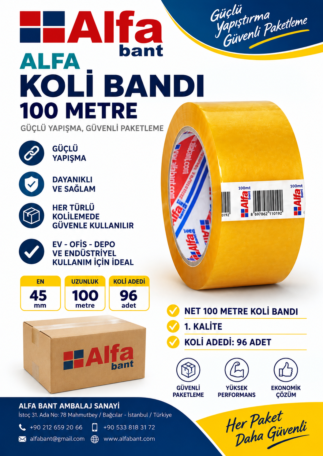 ALFA KOLİ BANDI 100 METRE x 45MM ŞEFFAF